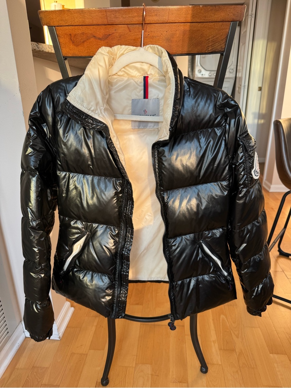 Women’s Moncler Black Shiny Puffer Jacket with Cream Interior